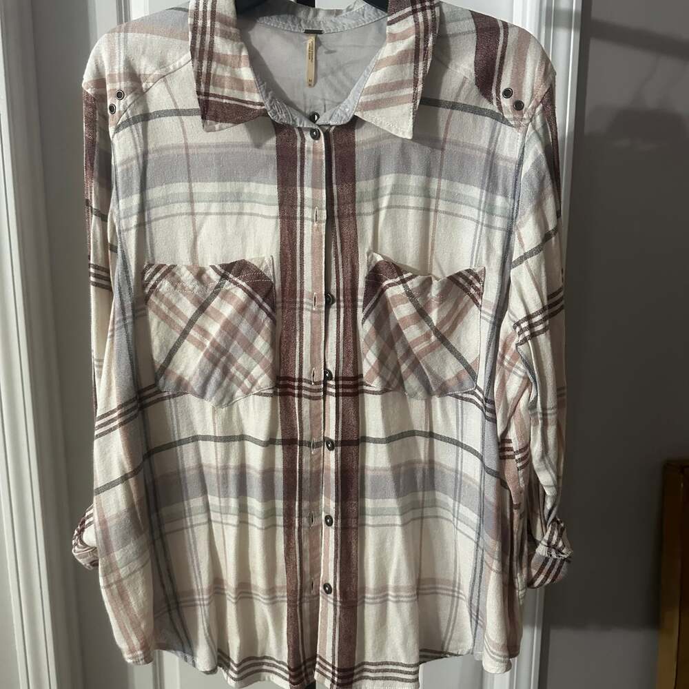 Free People Wesley Ivory Plaid Flannel Button Down Top #76
